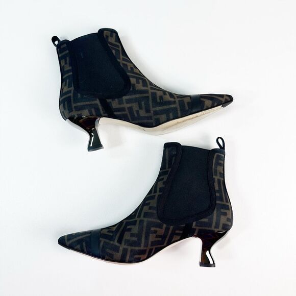 FENDI Colibri Mesh Leather Chelsea Booties Size 37.5 Brown Black FF Ankle Boots - Picture 8 of 15